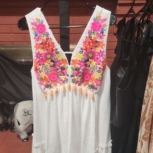 THML White Top with Colorful Floral Embroidery